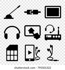 Gadget icons. set of 9 editable filled gadget icons such as tablet, arm lever, phone and earphones, earphones, plug in power socket, home on tablet, memory card