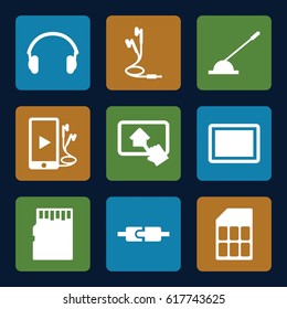 Gadget icons set. set of 9 gadget filled icons such as tablet, arm lever, phone and earphones, earphones, home on tablet, memory card