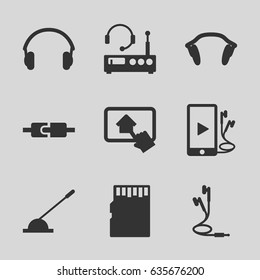 Gadget icons set. set of 9 gadget filled icons such as arm lever, phone and earphones, earphones, home on tablet, memory card, listening device