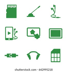 Gadget Icons Set. Set Of 9 Gadget Filled Icons Such As Tablet, Arm Lever, Phone And Earphones, Earphones, Home On Tablet, Memory Card