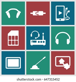 Gadget icons set. set of 9 gadget filled icons such as tablet, arm lever, phone and earphones, earphones, home on tablet, memory card, listening device