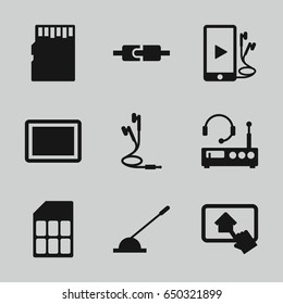 Gadget icons set. set of 9 gadget filled icons such as tablet, arm lever, phone and earphones, earphones, home on tablet, memory card, listening device