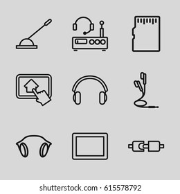 Gadget icons set. set of 9 gadget outline icons such as tablet, arm lever, earphones, home on tablet, memory card, listening device