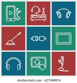 Gadget icons set. set of 9 gadget outline icons such as tablet, arm lever, phone and earphones, earphones, home on tablet, listening device