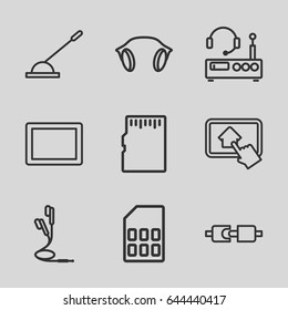 Gadget icons set. set of 9 gadget outline icons such as tablet, arm lever, earphones, home on tablet, memory card, listening device