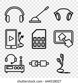 Gadget icons set. set of 9 gadget outline icons such as arm lever, phone and earphones, earphones, home on tablet, memory card, listening device