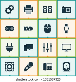 Gadget icons set with camera, loudspeaker, battery and other equalizer elements. Isolated vector illustration gadget icons.