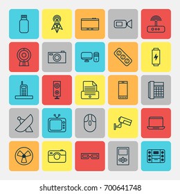 Gadget Icons Set. Collection Of Antenna, Work Phone, Boombox And Other Elements. Also Includes Symbols Such As Signal, Laptop, Router.