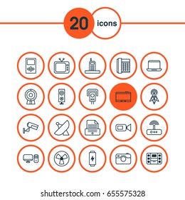 Gadget Icons Set. Collection Of Boombox, Antenna, Security Camera And Other Elements. Also Includes Symbols Such As Gadget, Printer, Security.
