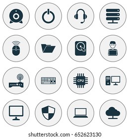 Gadget Icons Set. Collection Of Broadcast, Computer Mouse, Keypad And Other Elements. Also Includes Symbols Such As Start, Notebook, Folder.