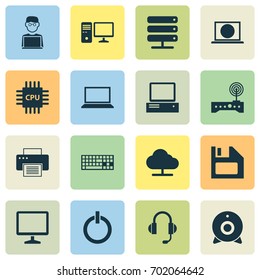 Gadget Icons Set. Collection Of Broadcast, Keypad, Laptop And Other Elements. Also Includes Symbols Such As Notebook, Diskette, Floppy.