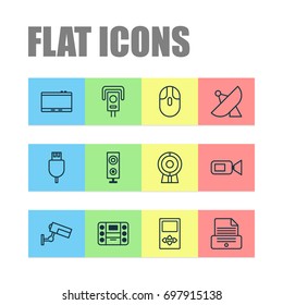 Gadget Icons Set. Collection Of Cctv, Broadcast, Printer And Other Elements. Also Includes Symbols Such As Megaphone, Mouse, Video.
