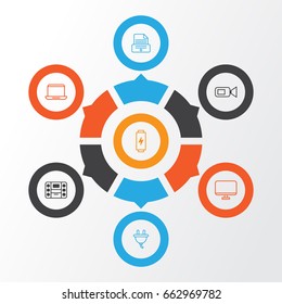 Gadget Icons Set. Collection Of Charge, Notebook, Print Device And Other Elements. Also Includes Symbols Such As Computer, Electrical, Energy.