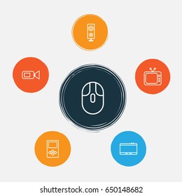 Gadget Icons Set. Collection Of Cursor Mouse, Television, Video Camcorder And Other Elements. Also Includes Symbols Such As Camcorder, Tablet, Computer.