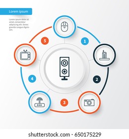 Gadget Icons Set. Collection Of Cursor Mouse, Digital Camera, Switch And Other Elements. Also Includes Symbols Such As Display, Switch, Telephone.