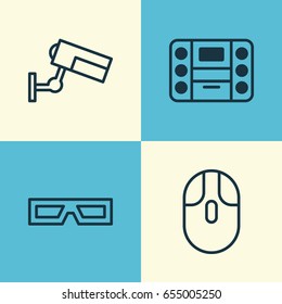 Gadget Icons Set. Collection Of Cursor Mouse, Surveillance, Boombox And Other Elements. Also Includes Symbols Such As Surveillance, Mouse, Camera.
