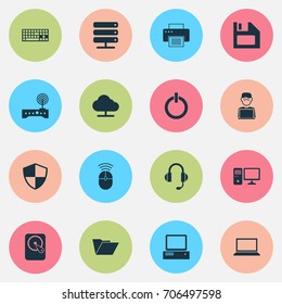 Gadget Icons Set. Collection Of Database, Personal Computer, Dossier And Other Elements. Also Includes Symbols Such As Machine, Headphone, Disk.