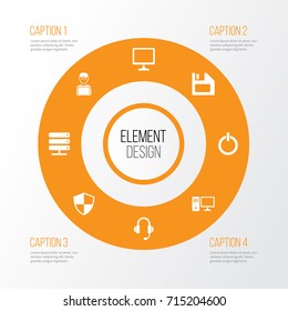 Gadget Icons Set. Collection Of Defense, Database, Desktop And Other Elements. Also Includes Symbols Such As Man, Diskette, Monitor.