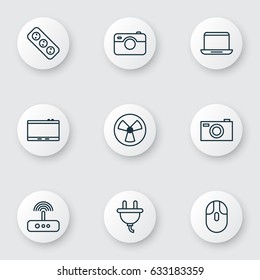 Gadget Icons Set. Collection Of Digital Camera, Socket, Gadget And Other Elements. Also Includes Symbols Such As Modem, Tablet, Socket.