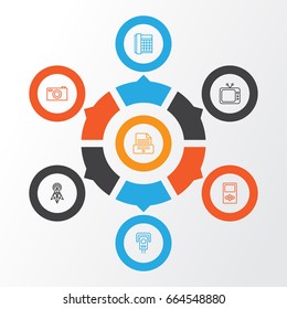 Gadget Icons Set. Collection Of Digital Camera, Wireless Router, Television And Other Elements. Also Includes Symbols Such As Printer, Security, Router.