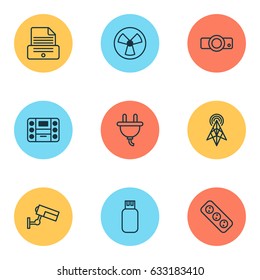 Gadget Icons Set. Collection Of Extension Cord, Surveillance, Usb And Other Elements. Also Includes Symbols Such As Device, Slide, Boombox.