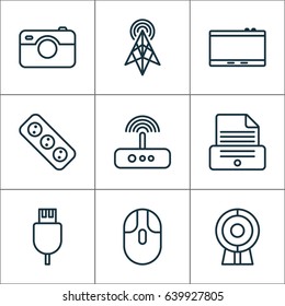 Gadget Icons Set. Collection Of Extension Cord, Gadget, Wireless Router And Other Elements. Also Includes Symbols Such As Photo, Antenna, Tablet.