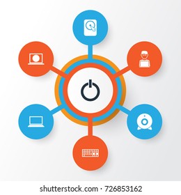 Gadget Icons Set. Collection Of Hdd, Power On, Programmer And Other Elements. Also Includes Symbols Such As Broadcast, Screen, Web.