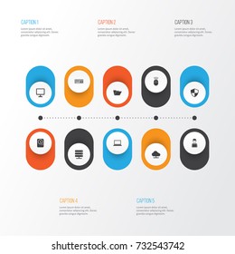 Gadget Icons Set. Collection Of Hdd, Defense, Dossier And Other Elements. Also Includes Symbols Such As Shield, Desktop, Defense.