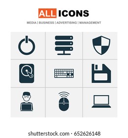 Gadget Icons Set. Collection Of Keypad, Database, Power On And Other Elements. Also Includes Symbols Such As Shield, Notebook, Mouse.