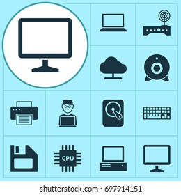 Gadget Icons Set. Collection Of Keypad, Desktop, Hdd And Other Elements. Also Includes Symbols Such As Tree, Laptop, Motherboard.