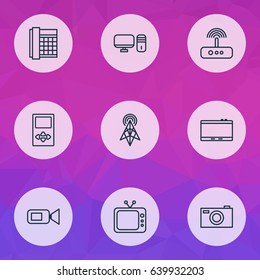 Gadget Icons Set. Collection Of Personal Computer, Work Phone, Digital Camera And Other Elements. Also Includes Symbols Such As Photo, Player, Computer.