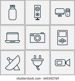 Gadget Icons Set. Collection Of Player, Personal Computer, Usb And Other Elements. Also Includes Symbols Such As Antenna, Usb, Notebook.