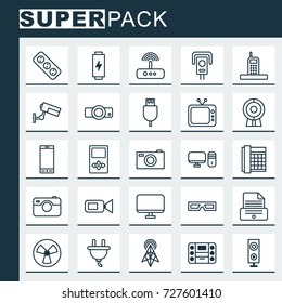 Gadget Icons Set. Collection Of Player, Boombox, Work Phone And Other Elements. Also Includes Symbols Such As Modem, Router, Electrical.