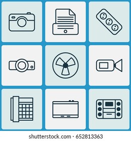 Gadget Icons Set. Collection Of Presentation, Ventilator, Extension Cord And Other Elements. Also Includes Symbols Such As Gadget, Printer, Extension.