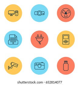 Gadget Icons Set. Collection Of Presentation, Ventilator, Socket And Other Elements. Also Includes Symbols Such As Presentation, Usb, Flash.