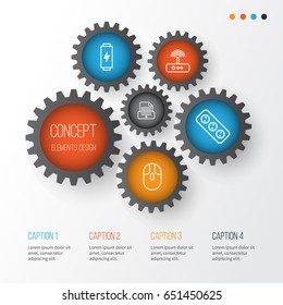 Gadget Icons Set. Collection Of Print Device, Cursor Mouse, Switch And Other Elements. Also Includes Symbols Such As Charge, Mouse, Socket.