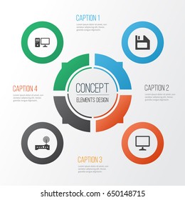 Gadget Icons Set. Collection Of Router, Diskette, Desktop And Other Elements. Also Includes Symbols Such As Computer, Wifi, Desktop.