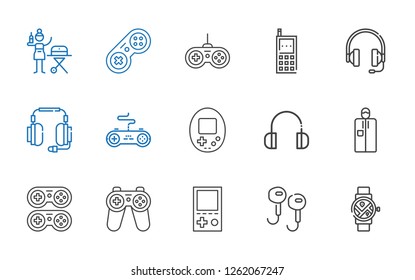 gadget icons set. Collection of gadget with smartwatch, earphones, console, gamepad, portable, headphones, cellphone. Editable and scalable gadget icons.