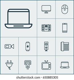 Gadget Icons Set. Collection Of Socket, Video Camcorder, Work Phone And Other Elements. Also Includes Symbols Such As Tv, Office, Phone.