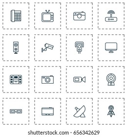 Gadget Icons Set. Collection Of Speaker, Security Camera, Wireless Router And Other Elements. Also Includes Symbols Such As Phone, Spectacles, Player.