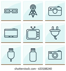 Gadget Icons Set. Collection Of Spectacles, Usb, Wireless Router And Other Elements. Also Includes Symbols Such As Drive, Photo, Apparatus.