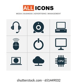 Gadget Icons Set. Collection Of Web, Monitor, Tree And Other Elements. Also Includes Symbols Such As Power, Start, Computer.