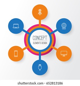Gadget Icons Set. Collection Of Web Discussing, Notebook, Wireless Router And Other Elements. Also Includes Symbols Such As Computer, Cable, Display.