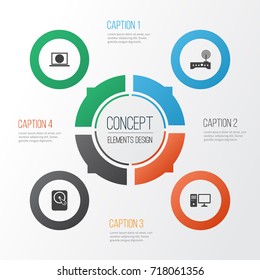 Gadget Icons Set. Collection Of Web, Hdd, Personal Computer And Other Elements. Also Includes Symbols Such As Hdd, Modem, Computer.