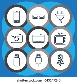 Gadget Icons Set. Collection Of Wireless Router, Usb, Photographing And Other Elements. Also Includes Symbols Such As Telephone, Smartphone, Television.