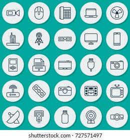 Gadget Icons Set. Collection Of Wireless Router, Notebook, Control Device And Other Elements. Also Includes Symbols Such As Printer, Monitor, Mouse.