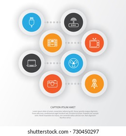 Gadget Icons Set. Collection Of Wireless Router, Photo Apparatus, Boombox And Other Elements. Also Includes Symbols Such As Photo, Computer, Fan.
