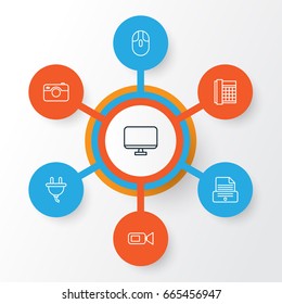 Gadget Icons Set. Collection Of Work Phone, Print Device, Socket And Other Elements. Also Includes Symbols Such As Video, Mouse, Electrical.