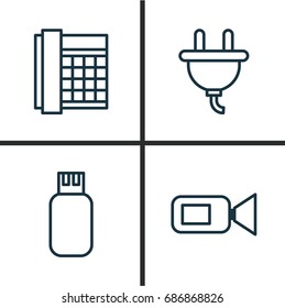Gadget Icons Set. Collection Of Work Phone, Video Camcorder, Socket And Other Elements. Also Includes Symbols Such As Flash, Socket, Usb.