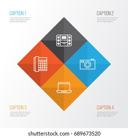 Gadget Icons Set. Collection Of Work Phone, Notebook, Digital Camera And Other Elements. Also Includes Symbols Such As Computer, Office, Boombox.